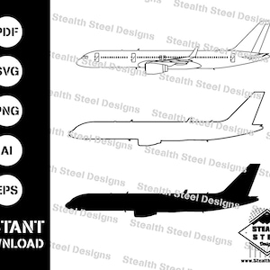 Könnte beinhalten: Eine schwarz-weiße Umrisszeichnung eines Boeing 757-200 Flugzeugs, darunter eine durchgezogene schwarze Silhouette desselben Flugzeugs. Das Bild enthält den Text "Stealth Steel Designs", der mehrmals wiederholt wird.