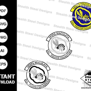May include: Black and white vector graphic design of a military squadron patch. The patch is round and features a wasp with the text "Vespa Maculata 43rd Fighter Squadron".