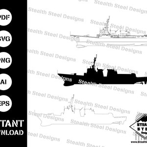 May include: Black and white digital illustrations of naval ships, including a detailed outline and a solid black silhouette. The image also features file type icons: PDF, SVG, PNG, AI, and EPS, along with the text "INSTANT DOWNLOAD."
