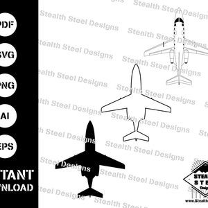 Könnte beinhalten: Eine Schwarzweiß-Zeichnung eines Privatjets aus der Vogelperspektive. Die Zeichnung ist in den Formaten PDF, SVG, PNG, AI und EPS verfügbar. Das Bild enthält den Text "Stealth Steel Designs", der mehrmals wiederholt wird.