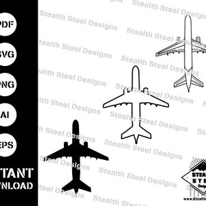 Könnte beinhalten: Schwarzweiß-Umriss eines Flugzeugs, von oben betrachtet. Das Bild ist ein digitaler Download und umfasst die Dateiformate PDF, SVG, PNG, AI und EPS.