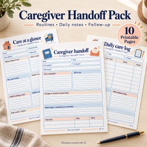 May include: A Caregiver Handoff Pack featuring 10 printable pages with blue and peach accents. The documents include sections for Care at a glance, Caregiver handoff, and Daily care log with fields for routines, daily notes, and follow-up information.