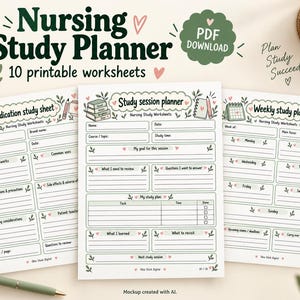 May include: A set of 10 printable Nursing Study Planner worksheets featuring a Medication study sheet, Study session planner, and Weekly study plan. The pages include fields for notes, dates, and tasks with green and pink decorative accents.