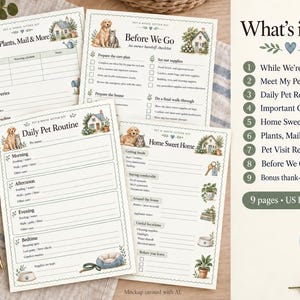 May include: A set of printed pet and house sitter forms featuring watercolor illustrations of a dog and cat. The pages include sections titled Plants, Mail & More, Before We Go, Daily Pet Routine, and Home Sweet Home, with a list of nine pages.