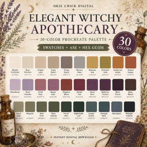 May include: A digital color palette titled Elegant Witchy Apothecary featuring 30 swatches with names and hex codes. The palette includes shades of beige, gray, gold, copper, lavender, plum, red, green, and dark blue, organized in three rows.
