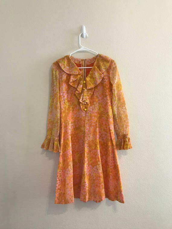 Vintage 70s Collared Fitted Floral Dress Beige Orange Brown 8 10 main image 0