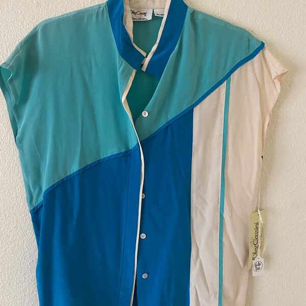 Vintage 1980 Oleg Cassini blusa turquesa de seda con etiquetas