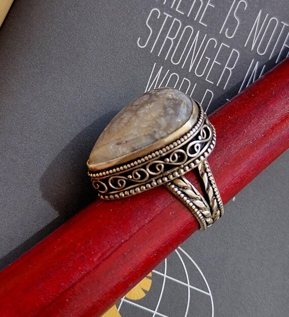 Fossil ring, Rustic, OOAK, white and gray, set on elegant Victorian setting, silver, handcrafted and free shipping.