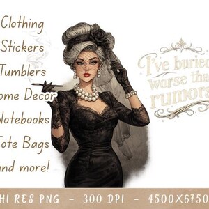 Peut inclure: Illustration d'une femme en robe noire, voile et gants, fumant une cigarette. Le texte comprend "I've buried worse than rumors" et les catégories de produits : Vêtements, Autocollants, Gobelets, Décoration intérieure, Cahiers et Sacs fourre-tout.