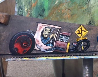 New Hand Painted Hot Rod on a Older Used Tattoo Sign Rat Rod
