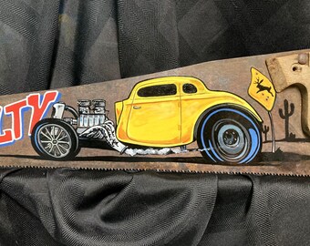 Hand painted rat rod hand saw pinstriping