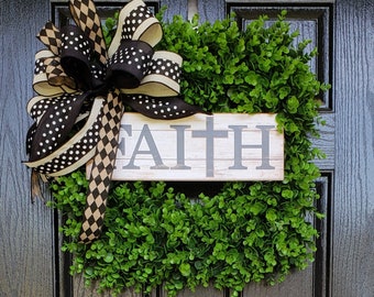 Christian Wreath / Inspirational Wreath / Boxwood Wreath / Artificial Boxwood Wreath / Square Wreath / Front Door Wreath / Year Round