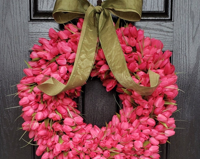 Featured listing image: Spring Tulip Wreaths, Tulip Wreaths, Spring Wreaths, Spring Front Door Wreath, Mother's Day Wreath, Pink Tulip Wreath for Front Door