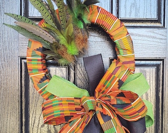 Kente Wreath, Kente Cloth Wreath, Afrocentric Wreath, African Wreath, Black History, Front Door Wreaths, Home Decor, Door Decor