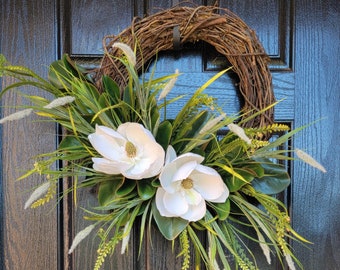 Magnolia Flower Wreath, Everyday Magnolia Wreath for Front Door, Year Round Magnolia Wreath, Everyday Wreath, Real Touch Magnolia Wreath