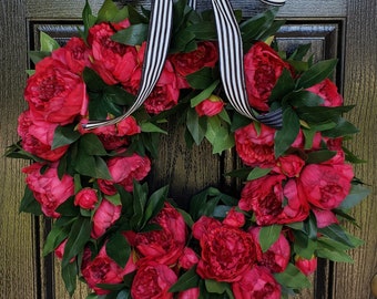 Summer RED Peony Wreath, Everyday Wreath, Front Door Wreaths, Red Peony Wreath, Black and White Ribbon, Peony Wreath for Wreath, Fall Wreath