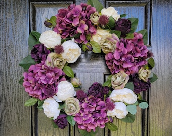 Purple and Ivory Wreath, Purple Spring Wreath, Purple Summer Wreath, Spring Wreath, Wreath for Front Door, Summer Wreath, Hydrangea Wreath