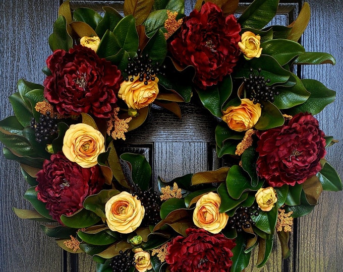Featured listing image: Extra Large Fall Wreath, Fall Wreath for Front Door, Autumn Door Decor, Magnolia Wreath, Thanksgiving Wreath, Fall Door Decor