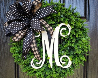 Boxwood Wreath, Boxwood Monogram Wreath, Monogram Wreath, Everyday Wreath, Boxwood Wreath for Front Door Country Chic Wreath, Year Round