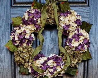 Hydrangea Wreath | Blended Hydrangea Wreath | Front Door Wreaths | Spring Wreaths | Shabby Chic Decor | Housewarming Gift | Summer Wreath