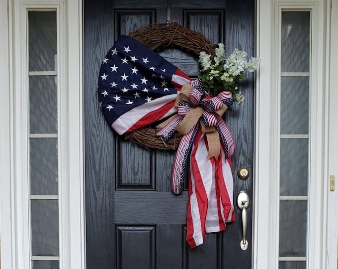 Featured listing image: Patriotic Wreath, 4th of July Wreath, God Bless America Wreath, Patriotic Decor, 4th of July Decor, Fourth of July Wreath, Fourth of July