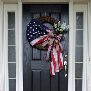 White and Blue Wreath Memorial Veteran Door Decor Patriotic Red