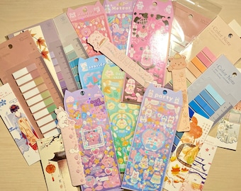 Mystery Stationary Korean/Japanese Grab Bags | Book Lovers Set | 3 Sticker Sheets, 5 Bookmarks, 1 Annotating Pad, Bullet Journal Supplies