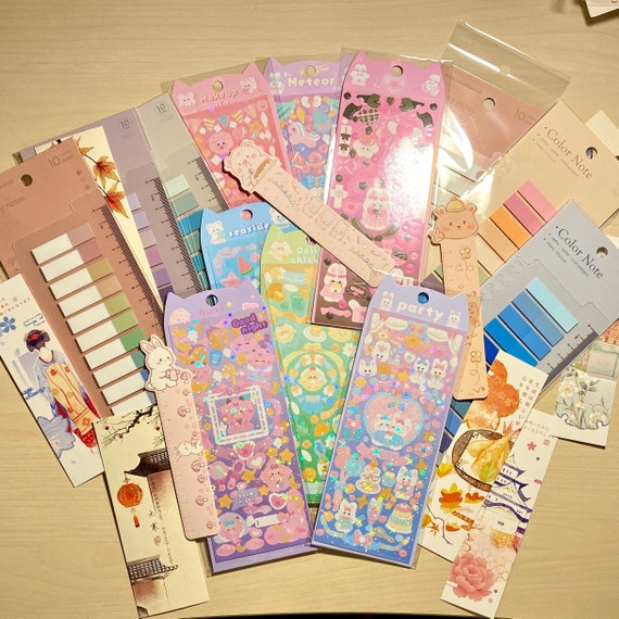 Mystery Stationary Korean/Japanese Grab Bags | Book Lovers Set | 3 Sticker Sheets, 5 Bookmarks, 1 Annotating Pad, Bullet Journal Supplies