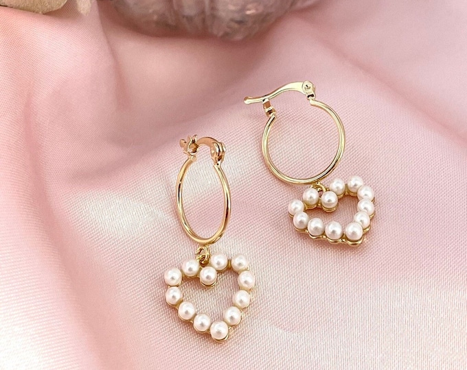 Heart hoop earrings, Pearl hoop earrings, thin gold hoops, hoop earrings with charm, pearl huggie earrings, gold plated hoops,