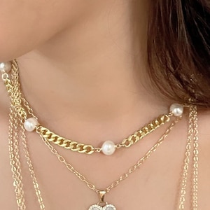 Pearl Chain Necklace, Cultured pearl necklace, 18k Gold Plated Chain, Cuban Chain Necklace, real pearl necklace, gold chocker necklace