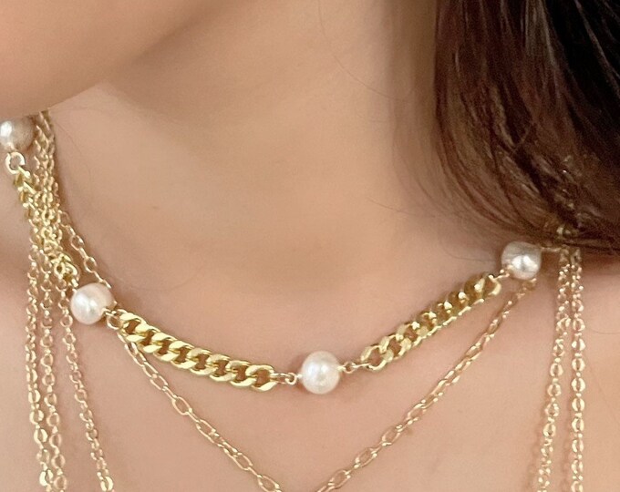 Pearl Chain Necklace, Cultured pearl necklace, 18k Gold Plated Chain, Cuban Chain Necklace, real pearl necklace, gold chocker necklace