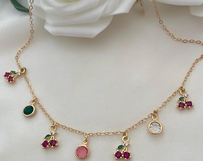 Cherry Necklace, Fruit necklace, Dainty Charm Necklace, Fruit Pendant, Multi Charm Necklace, Gold Charm Necklace, Crystal Charm Necklace