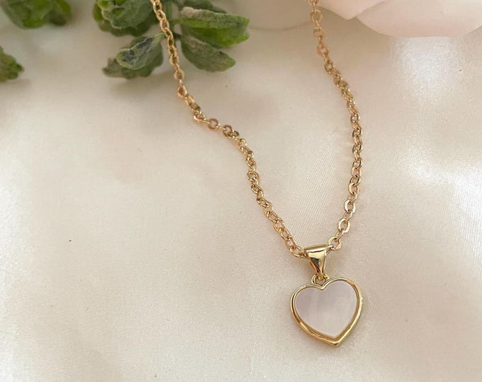 Gold Mother of Pearl Heart Necklace, Dainty Bridesmaid Gift