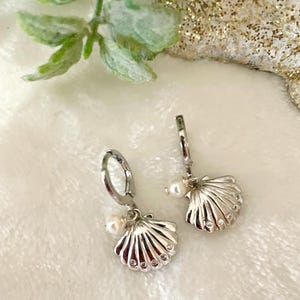 Rhodium Plated Shell Hoop Earrings, Freshwater Pearl, Cubic Zirconia Charm, Beach Jewelry