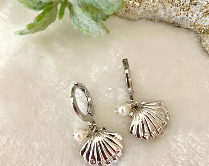 Rhodium Plated Shell Hoop Earrings, Freshwater Pearl, Cubic Zirconia Charm, Beach Jewelry
