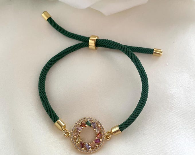 Green Cord Bracelet, Gold Multicolor Cubic Zirconia Charm