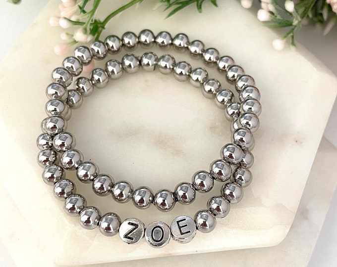 Initial bracelet silver, Custom name bracelet, Silver ball bracelet, Personalized Bracelet, Matching initial bracelet, Silver letter bead
