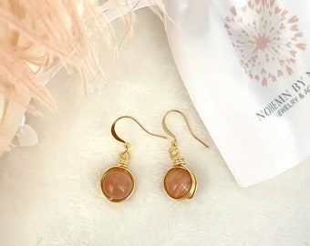 Wire wrapped gemstone earrings, sunstone earrings, October birthstone, everyday earrings, dainty earrings, handmade earring, big sister gift