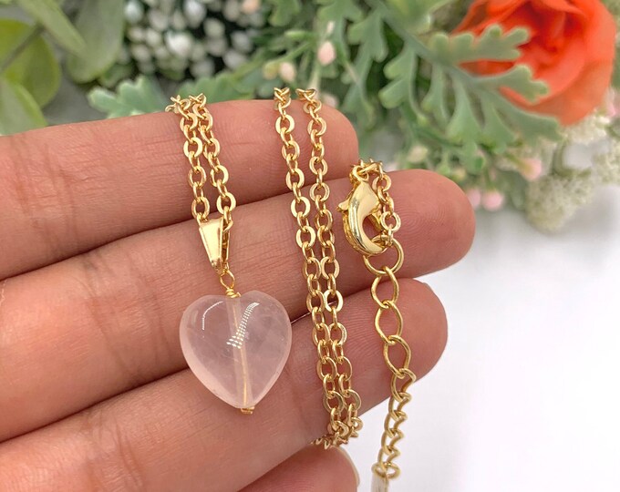 Rose Quartz Heart Shape Pendant, Rose Quartz Necklace, tiny heart necklace, love necklace, pink delicate necklace, Heart Dangle Pendant