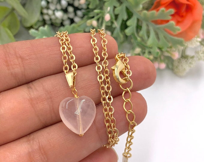 Rose Quartz heart necklace, Rose quartz heart pendant, angel aura quartz necklace, mindfulness gift, bride gift from mom, birthstone jewelry