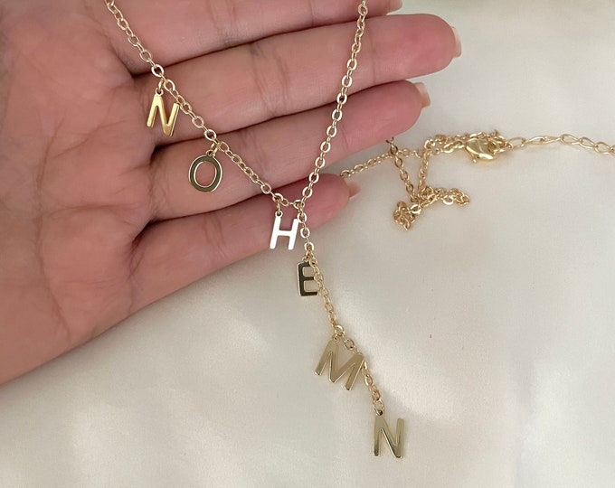 Lariat Name Necklace, Custom Name Necklace, Dainty Name Necklace, Tiny Initial Letter Necklace, Drop Name Necklace, Waterfall Name Necklace