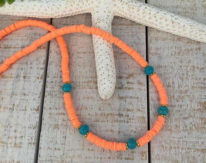 Heishi bead necklace women, orange turquoise choker, orange necklace, summer necklace, simple beaded necklace, orange choker, short necklace