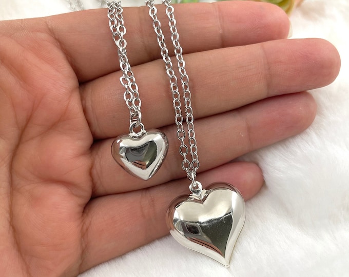 Puffy silver heart necklace, silver puffy heart, tiny silver heart necklace, dainty heart necklace, big heart charm, small heart necklace