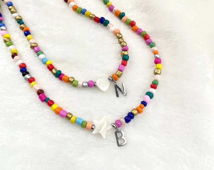 Silver initial necklace, Colorful choker, Seed bead choker, Dainty heart necklace, Star pearl necklace, Tiny letter necklace, Letter choker