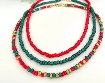 Seed bead necklace, Dainty seed bead choker, Matching necklaces, Red seed bead necklace, Green seed bead necklace, Christmas necklace