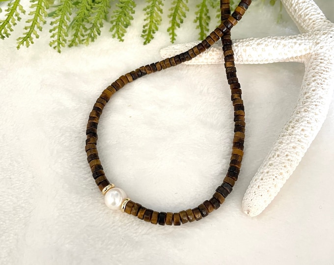 Tiger Eye necklace, Pearl gemstone necklace, natural stone necklace, Heishi beads necklace, Boho layered necklace, Surfer style necklace