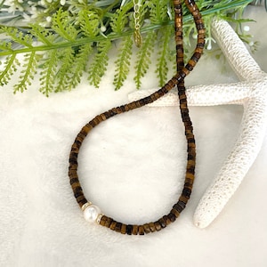 Tiger Eye Necklace: Pearl Gemstone, 18K Gold Plated