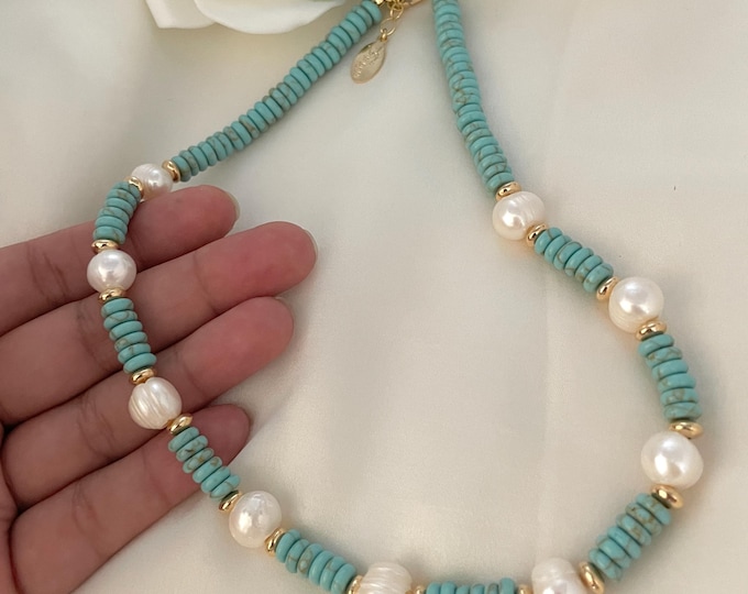 Turquoise Choker, Natural Freshwater Pearl Necklace, Turquoise Necklace, Bohemian Necklace, Natural Stone Necklace, Dainty Blue Necklace