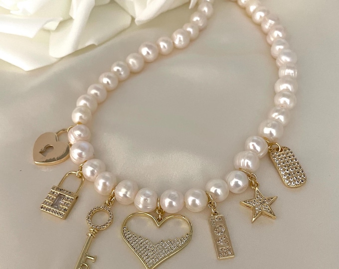 Gold Heart & Pearl Charm Necklace: Statement Jewelry