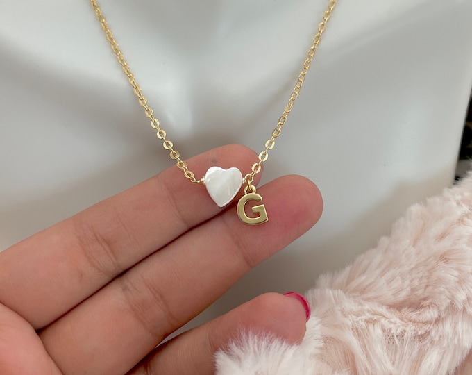 Personalized necklace for bride, Tiny initial necklace, Mother of Pearl necklace, Dainty heart necklace, personalized necklace,